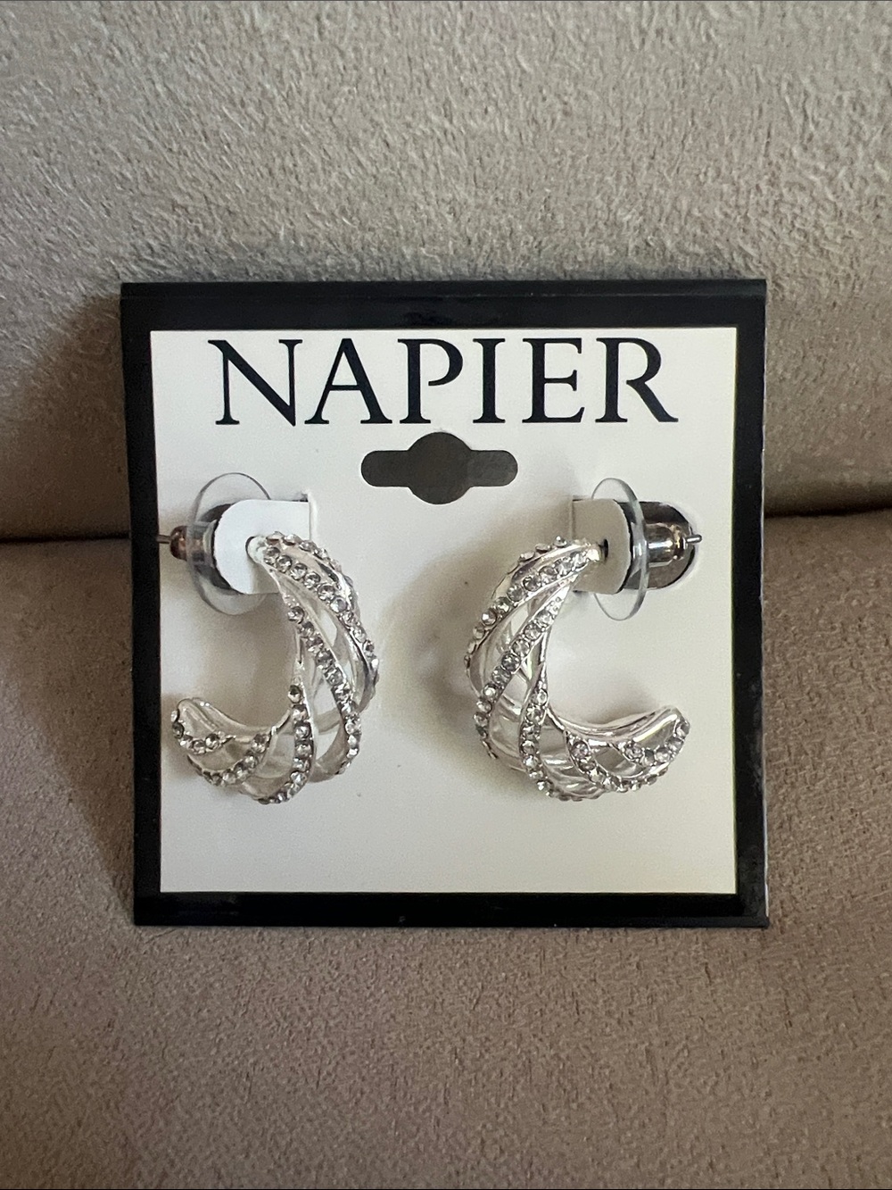 NWT Napier Silver-Tone Twisted Rope Hoop Earrings with Rhinestones
